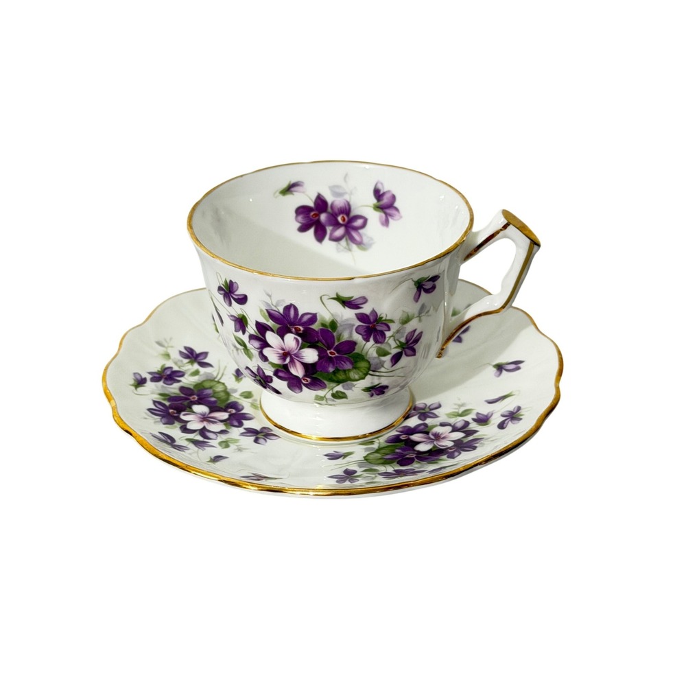 Aynsley Violette Tea Cup Saucer Set White Purple Gold Floral Bone China